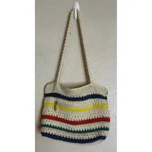 The Sak Womens Medium Shoulder Bag‎ Multi Color Striped Crochet Pom Pom Tassels thumbnail 3
