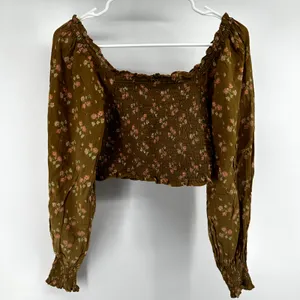 Aerie Crop Top Long Puff Sleeve Floral Print Smocked Ruffle Square Neck Brown S thumbnail 7