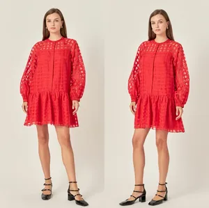 English Factory Women's Check Organza Buttoned Long Sleeves Red Mini Dress thumbnail 5