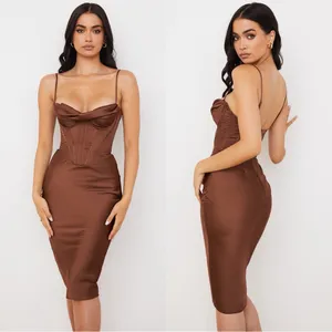 House of CB • Myrna Chocolate Satin Corset Slip Dress brown bustier boned bodice thumbnail 12