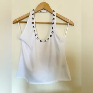 Weekday Halterneck Tank Top Womens Sz Medium‎ White with Silver Eyelet detail thumbnail 4