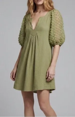 NEW Umgee Olive Green Swiss Dot Mini Dress Puff Sleeve MEDIUM Boho thumbnail 1