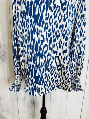 Entro Abstract Button Down Satin Top Smocked Cuff Ruffle Sz L Blue Ivory NWOT thumbnail 7