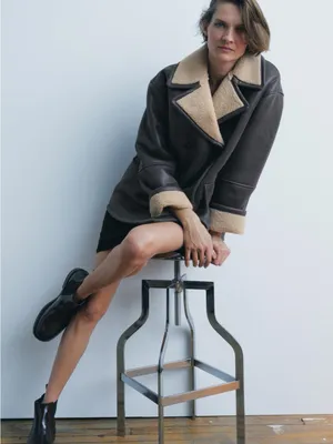 Zara Black Faux Leather Pea Coat with Cream Shearling Collar thumbnail 9