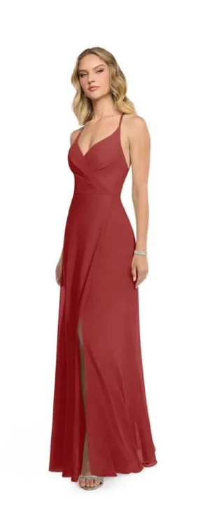 Women's Azazie Davis Rust A-Line V-Neck Chiffon Maxi Dress Size A6 thumbnail 1