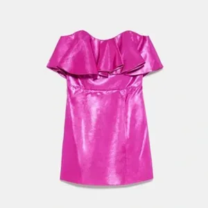 NWT Zara Metallic Pink Strapless Ruffle Mini Dress Sz Large thumbnail 2