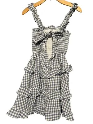 Mable Women’s Size M Blue White Gingham Smocked Tie Back Ruffle Mini Dress thumbnail 6