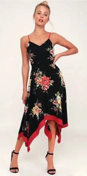 Lulu’s Go Fleur a Twirl Black Floral Print Handkerchief Midi Dress Size Large thumbnail 1