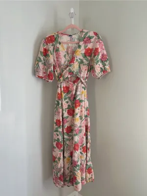 Old Navy Fit & Flare Floral Linen-Blend Twist-Front Maxi Dress Puff Sleeve Sz XL thumbnail 3