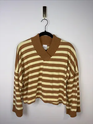 Maeve Cotton Boxy Oversized V-Neck Top Women’s Medium Striped Yellow Orange thumbnail 2