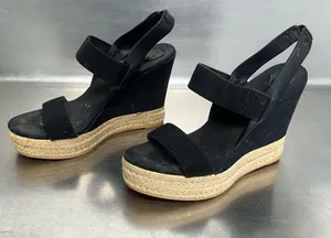 TORY BURCH Wedge Espadrille 2 Band Canvas & Leather Black Sandal- Size 7.5 - GUC thumbnail 1