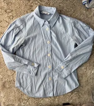 Women’s Zara blue balloon sleeve button down cotton blend blouse shirt thumbnail 1