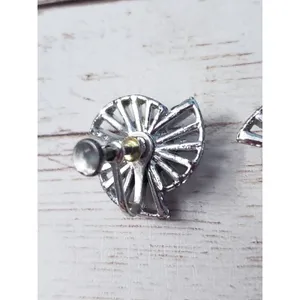 Vintage Screw On Earrings 0.75" Artsy Silver Tone with Clear Gems - Missing Gem thumbnail 4
