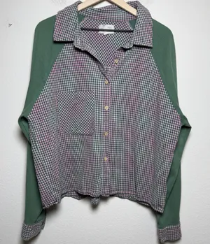 Oli & Hali Womens 100% Cotton Button Up Shirt M Green Pink Gingham Waffle Knit thumbnail 1