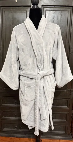 Stars Above Gray Plush super soft Robe - Size M/L. Plush Fleece Robe, featuring a shawl collar, two front pockets, and a matching waist tie belt. Gently warn & excellent condition. Measurements approximately 24” from armpit to armpit x 37 long. Smoke free home. Priced at as is condition. Don’t like my price make a reasonable offer. thumbnail 1