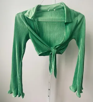Green Pleated sz S Tie Front Crop Top Long Sleeve Bell Sleeve Shirt‎ Y2K thumbnail 1