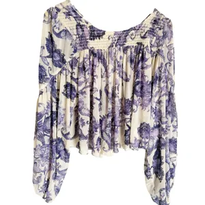 Free People Up For Anything White Blue Floral Smocked Long Sleeve Blouse thumbnail 4