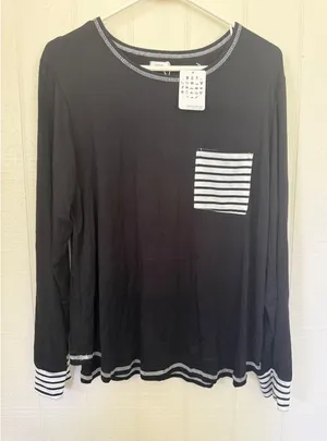 SWOMOG Womens Black Long Sleeve Pajama Top Striped Pocket Cuffs Sleep Shirt L thumbnail 1