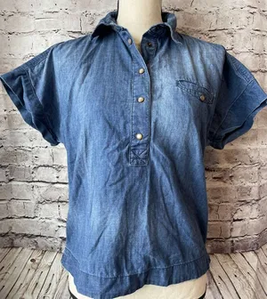 Zara Soft Denim Chambray Popover Blouse Shirt Blouse‎ S Casual thumbnail 1