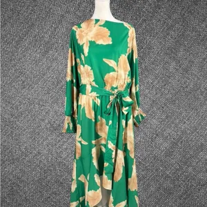 Green Floral Long Sleeve Hi Low Midi Dress With Waist Tie thumbnail 2