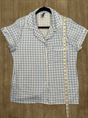 Jaclyn Intimate Blue White Gingham Plaid Stretch Pajama Sleep Shirt Large Pocket thumbnail 4