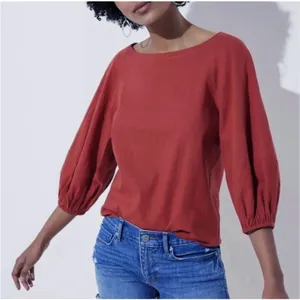 LOFT Linen Blend Peasant Top Womens M Rust Orange Balloon Sleeve Boat Neck Boho thumbnail 1