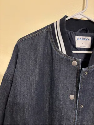Old Navy Denim Varsity Bomber Jacket L Dark Wash Snap Front Striped thumbnail 6