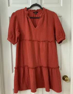 DREW Anthropologie 100% Cotton Gauze Tiered Dress M Rust Orange Boho Fall thumbnail 1