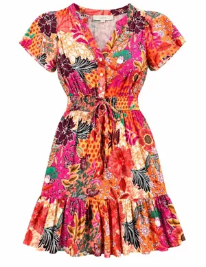 LOFT Floral Mini Dress Womens MP Pink Orange Patchwork Smocked V-Neck Tropical thumbnail 1