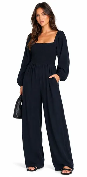 NWT Dokotoo Wide Leg Smocked Square Neck Jumpsuit Solid Black Minimalist Size L thumbnail 1