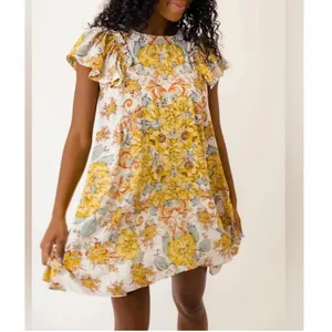 Free People Yara Floral Mini Dress Yellow Ivory Flutter Sleeve Boho thumbnail 9