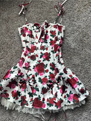 Sugar Thrillz White Floral Rose Mini Dress with Red & Pink Roses thumbnail 3