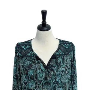 Kim Gravel Belle Black Green Paisley Sheer Sleeve Overlay Split V Neck Tie Top M thumbnail 3