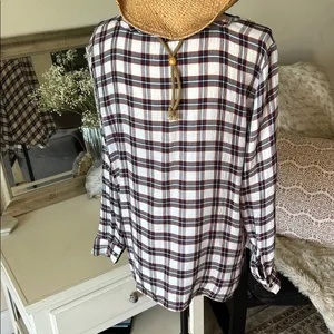 Ann Taylor loft white navy maroon plaid long sleeve boxy sheer blouse top M​​ thumbnail 6