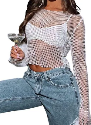 White Mesh T-shirt with Rhinestones Sheer White Mesh Top thumbnail 1