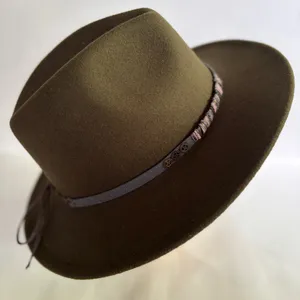 Wide Brim Felt Fedora Hat in Olive Green with Beaded Band thumbnail 4