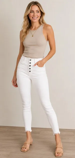 Kancan Womens White High Rise Button Fly Skinny Jeans Raw Hem Denim, sz 7/27 thumbnail 1