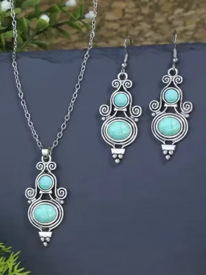 Silver Floral Turquoise Pendant Necklace & Earrings Set - Women Jewelry thumbnail 2