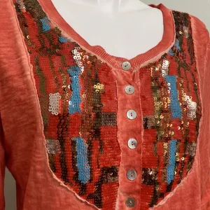 Free People Tiger Eyes Orange Sequin Bib Long Sleeve Henley thumbnail 6