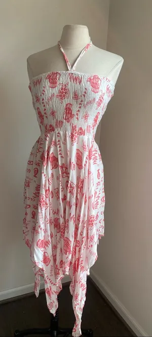 Strapless Handkerchief Dress Womens Sz Medium Pink White Summer Sea Life Pattern thumbnail 1