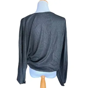 NWT Womens Just Fab JustFab Metallic Shimmer Black Ribbed Faux Wrap Top Blouse M thumbnail 3
