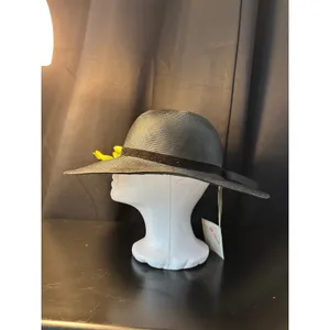 Vintage Betmar New York Black Wide Brim Sun Hat Yellow Floral Velvet Ribbon NWT thumbnail 2