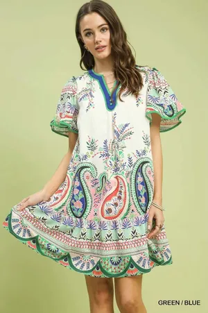 Umgee Paisley Flutter Sleeve Mini Dress - Green/Blue - Small thumbnail 1