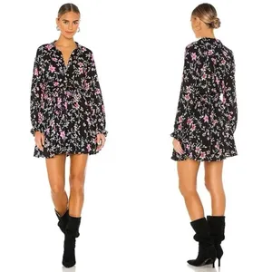 Free‎ People Black Floral Lighten Up Floral Long Sleeve Mini Dress M Smocked thumbnail 2