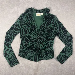 maeve anthropologie top Black‎ Green Ruched Button Front Medium Long Sleeve thumbnail 1