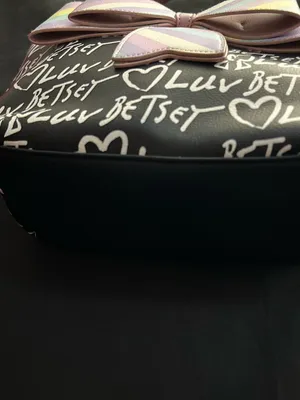 Betsey Johnson Graffiti Print Black Shoulder Bag With Pastel Striped Bow thumbnail 7