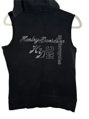 Harley Davidson Hooded Sweatshirt Vest Zip Up Rhinestone Y2K Black Medium thumbnail 2
