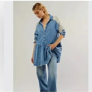 FREE PEOPLE Kenny Denim Mini Dress Tunic Waffle Raw Hem Boho Babydoll Size S thumbnail 15