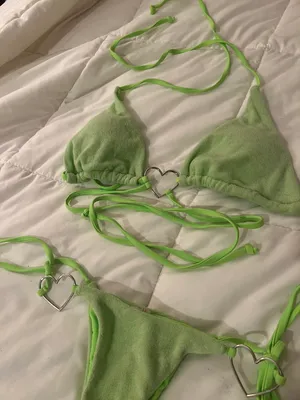 Neon Green Towel Cloth Material Silver Heart Tie String Cheeky Two Piece Bikini thumbnail 2