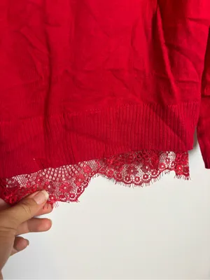 Lane Bryant NWT Cherry Lipstick Red Scoopneck Lace Hem Trim Long Sleeve Top thumbnail 4